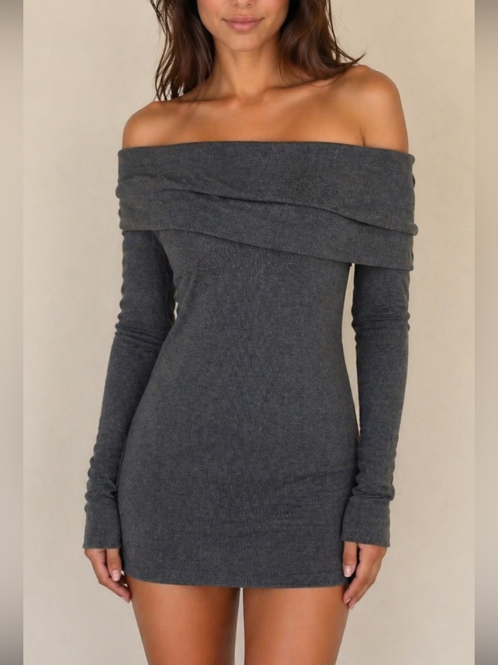 Splendid Gray Off Shoulder Thermal Cotton Blend‎ Long Sleeve Mini Dress Size S